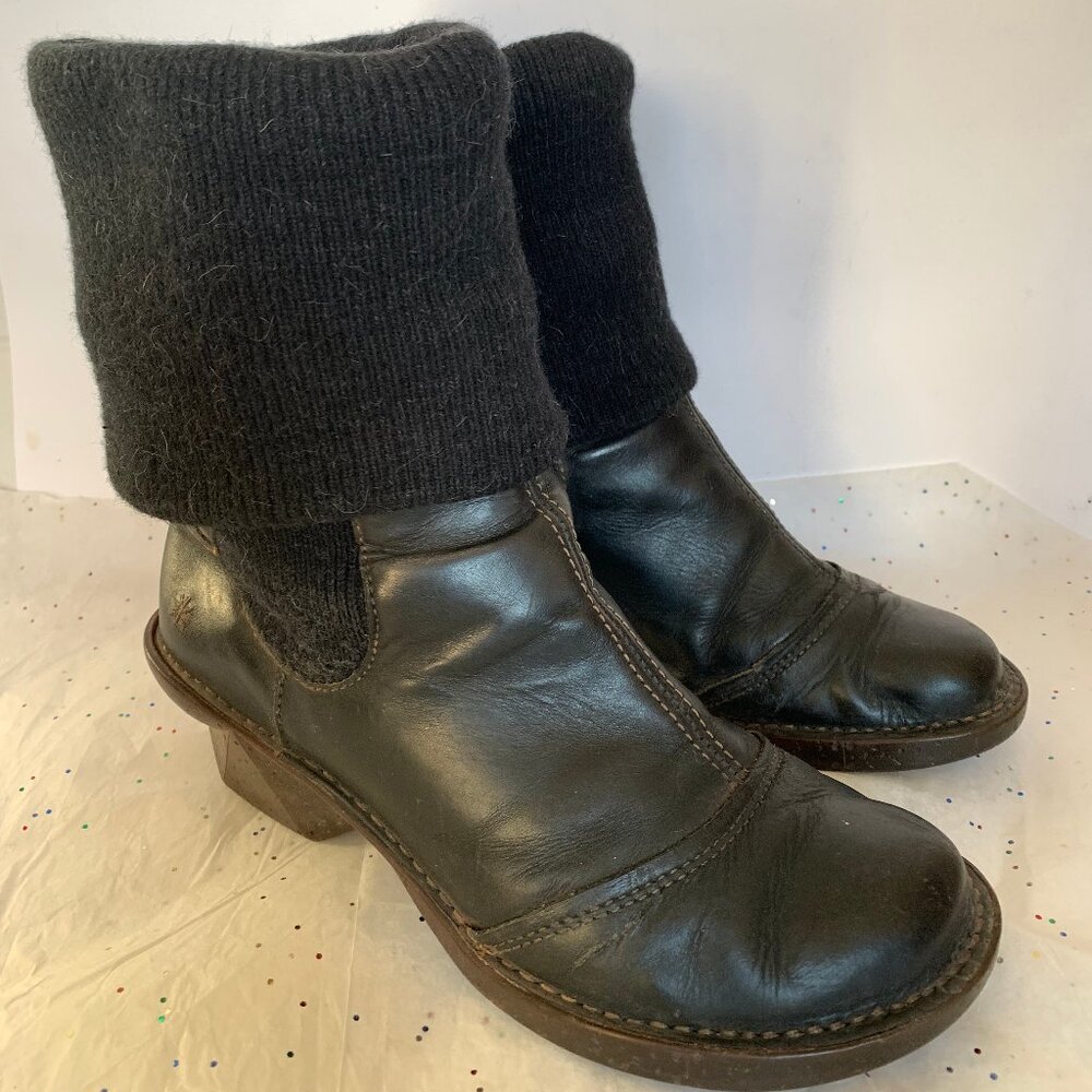 The Art Company Black Leather y2k Chunky Wool Sock Boot Molded Heel 40 Bohemian